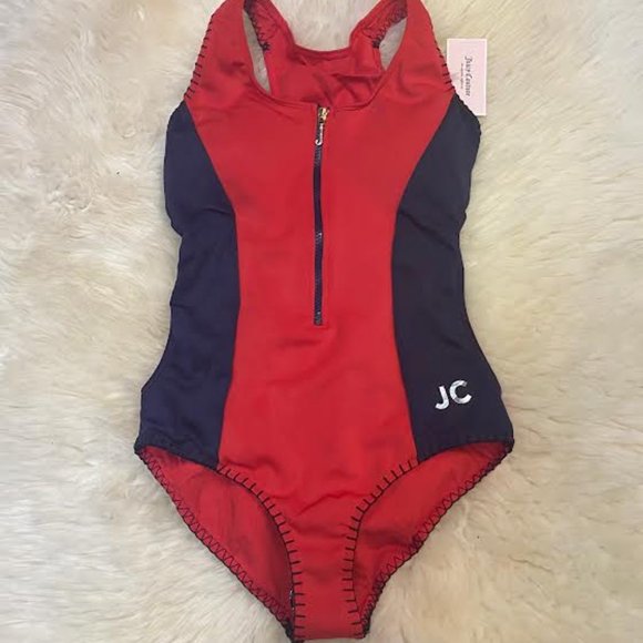 NWT JUICY COUTURE Red Blue LOGO 'Juicy' Zip-Front One-Piece Sporty Swimsuit - Picture 8 of 10